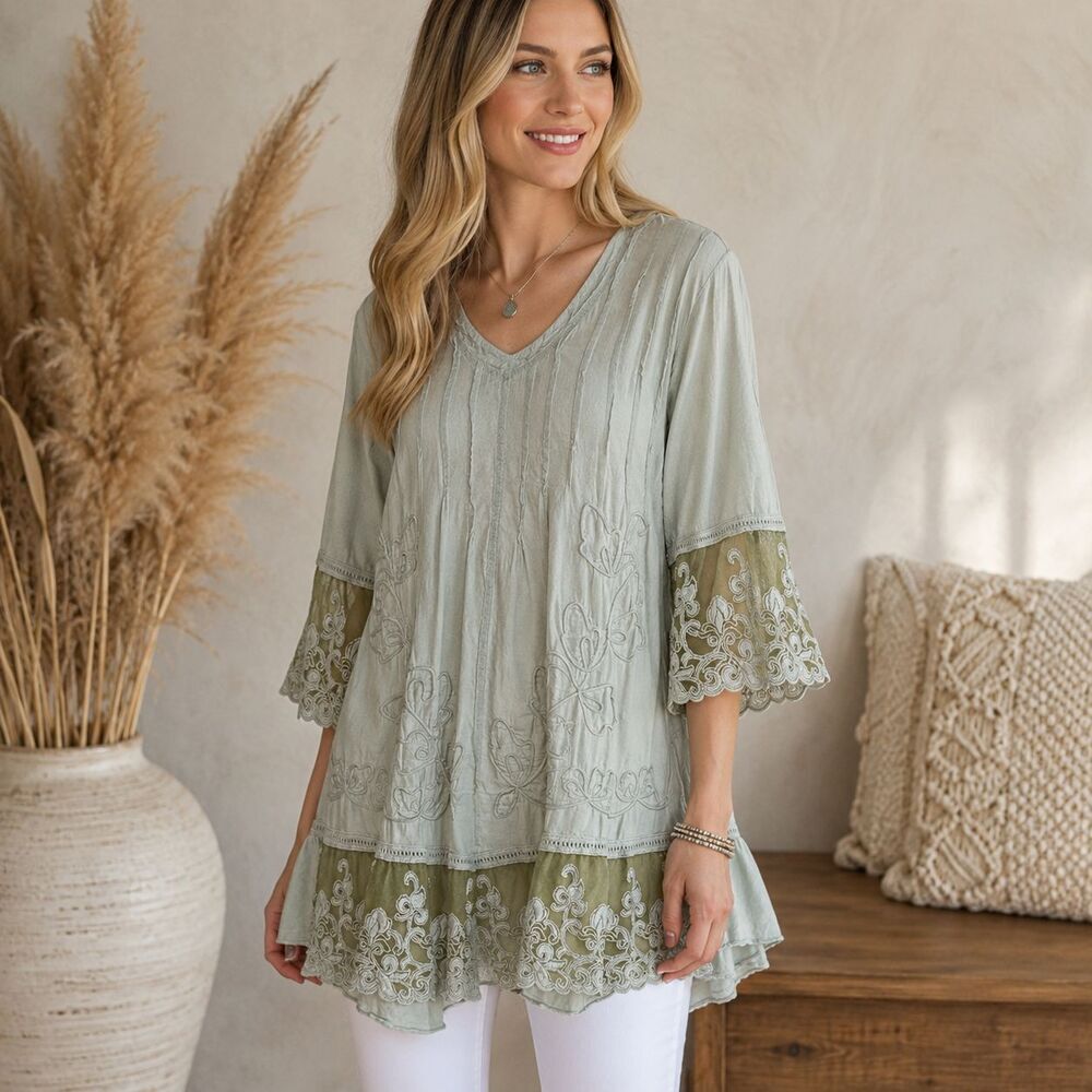 Gretty Zueger Lola Tunic Top Sage Green Embroidered Lace Ruffle Hem Cotton Small